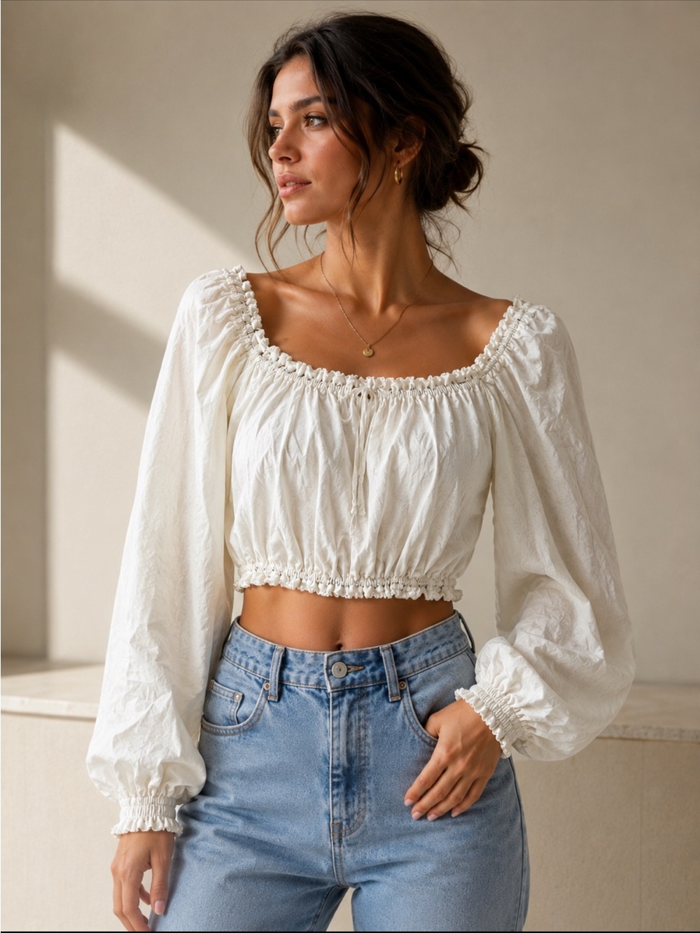 Show Me Your MuMu White Smocked Cropped Peasant Top